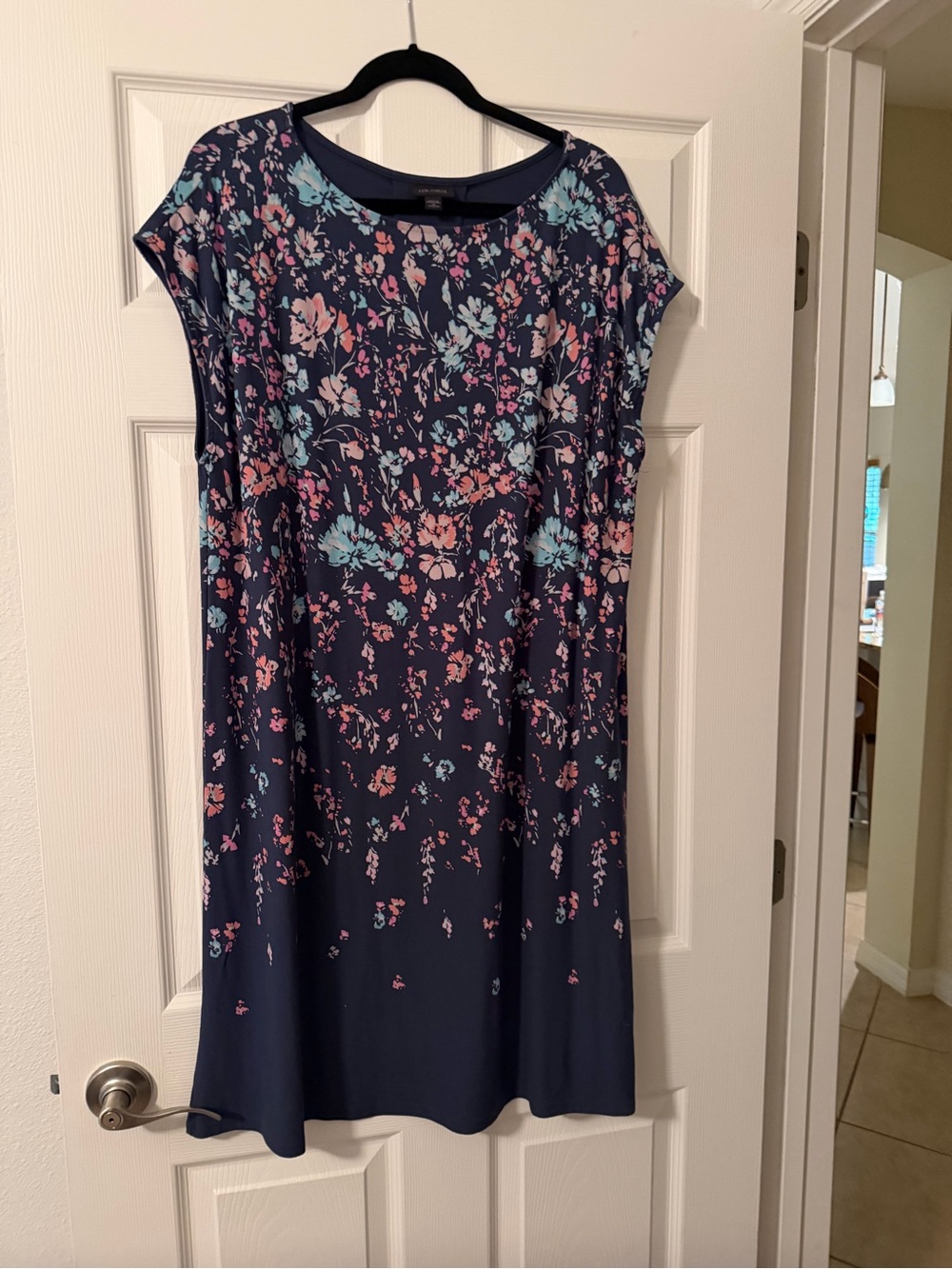 J. Jill Navy Floral Midi Dress with Pink & Light Blue Accents